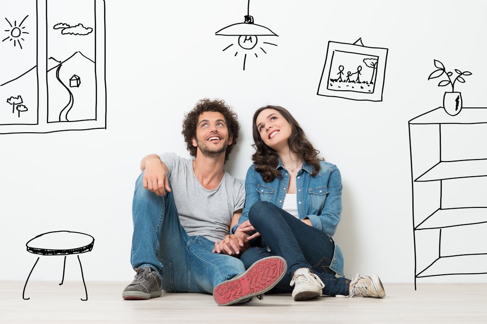 curly haired guy and brunette girl sitting back on a wall and looking up thinking or visualizing of the vision of the room with drawn windows, cabinet, stool, and hanging light bulb
